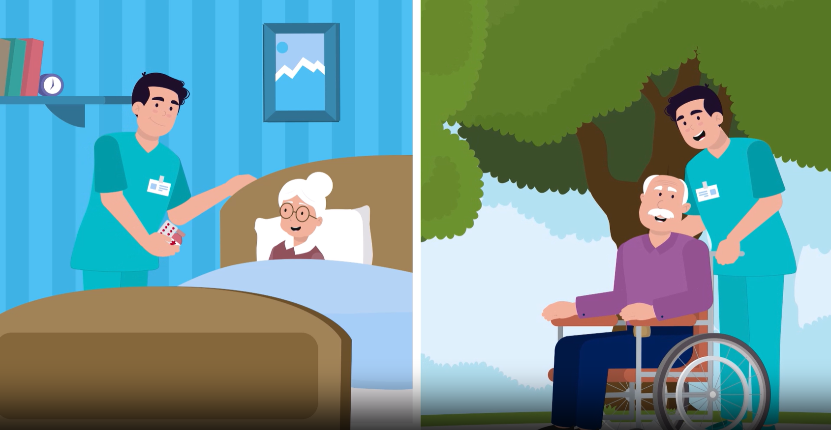 A cartoon-like image of two situations where a caregiver is assisting the elderly. 